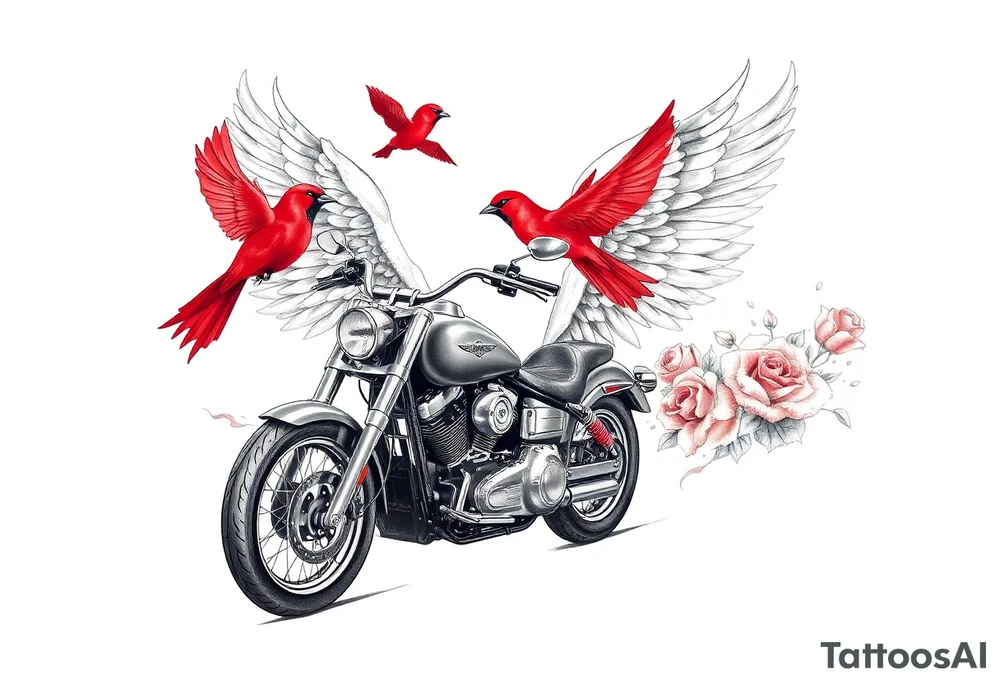 Harley grey motorcycle driving away, two red birds flying, roses, flames, angel wings tattoo idea