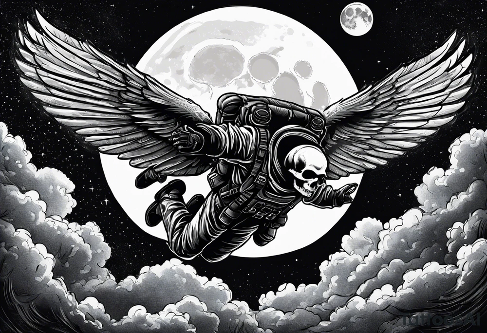 Parachutist under canopy in front of a full moon. The moon looks like a skull tattoo idea