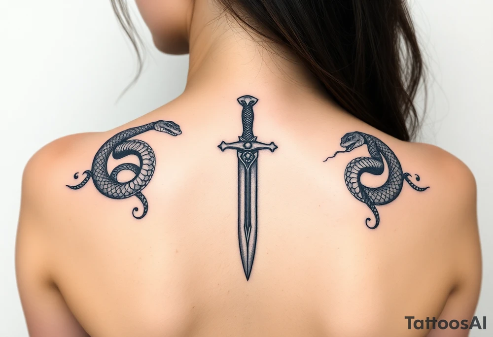 mystical snake coiled around an ancient dagger with jeweled hilt tattoo idea