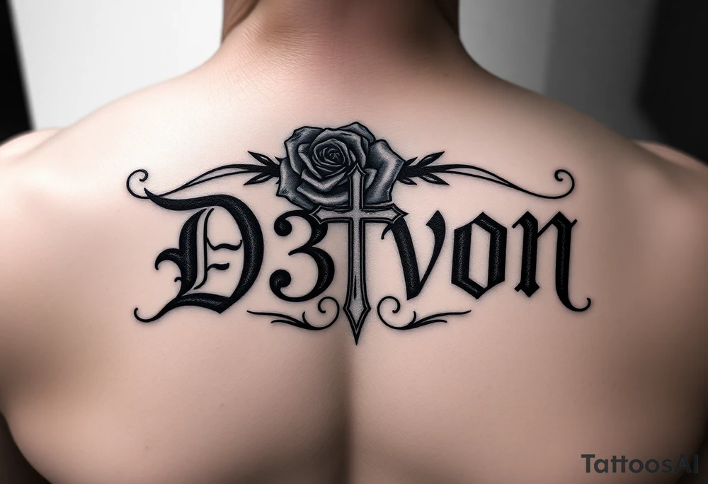 Name D3von with a rose and cross in the middle on a arm tattoo idea