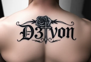Name D3von with a rose and cross in the middle on a arm tattoo idea