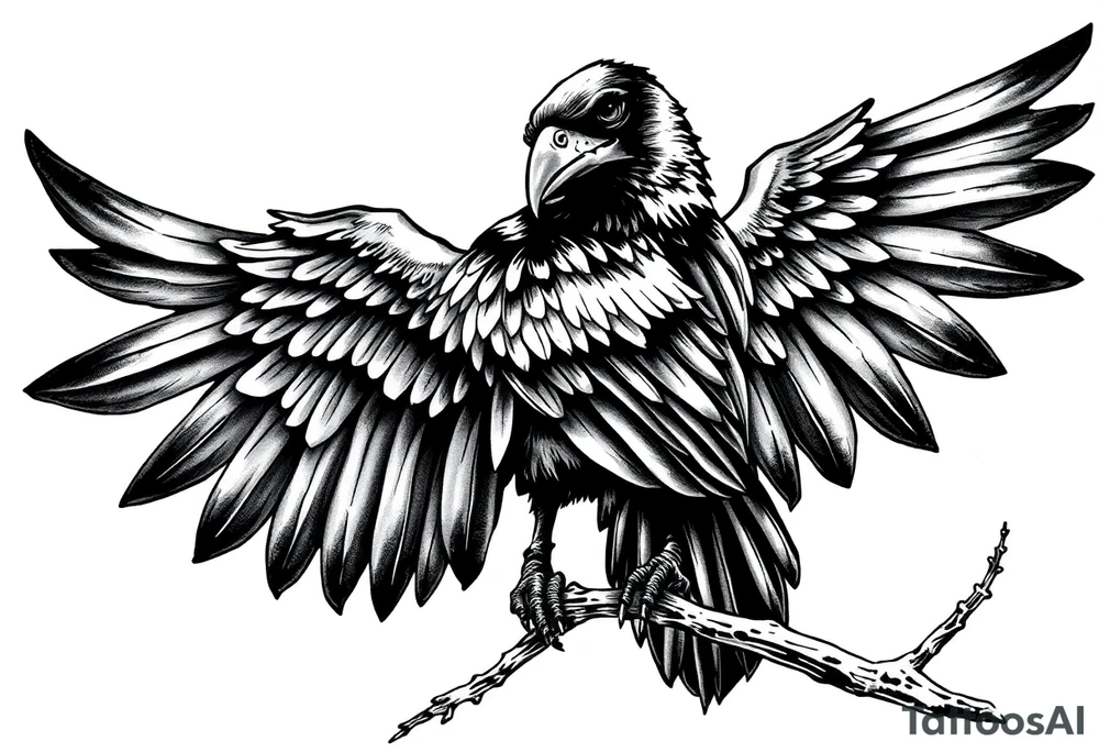 evil raven looking over its shoulder on a branch tattoo idea