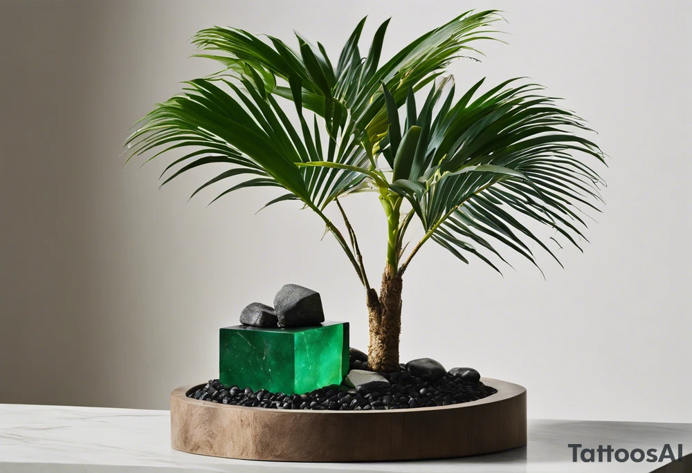 A striking Gachala emerald sits at the base of a tall quindio wax palm, which grows resiliently from cracks in rugged, rocky soil. The emerald is the main focal point, symbolizing strength and endurance, while the wax palm, rooted in the soil’s crevices, represents growth and resilience. A small water stream flows gently from the rocks, adding an element of life and nourishment tattoo idea