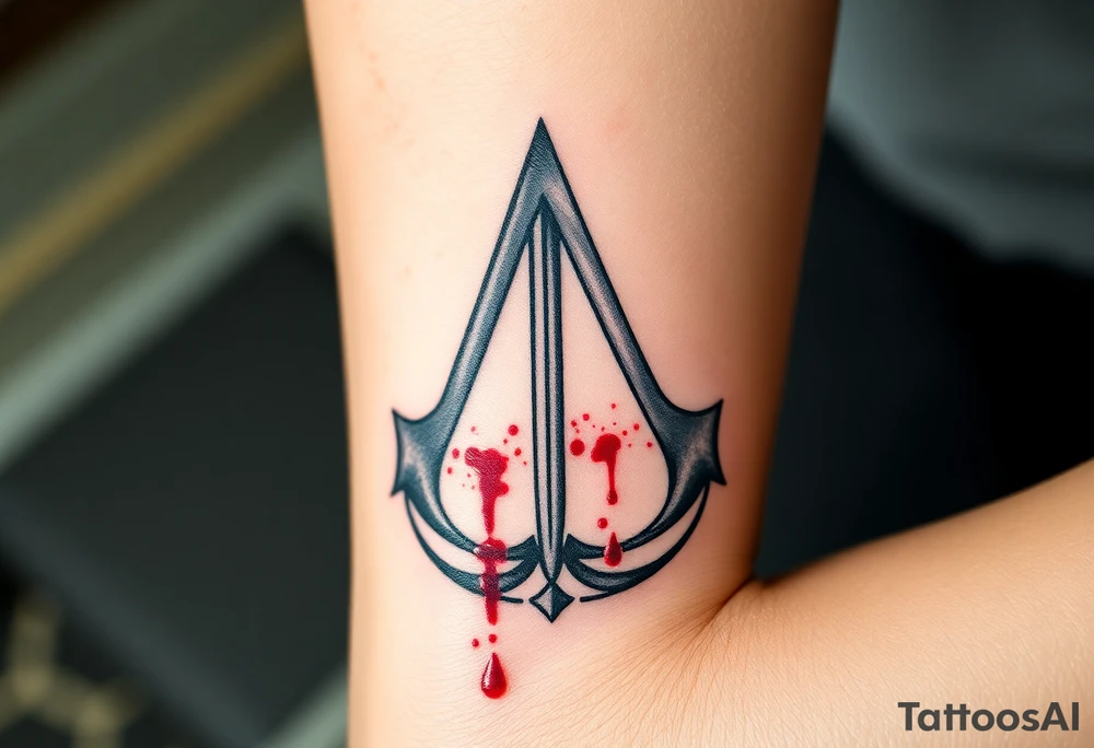 Assassins Creed emblem with England flag and sword inside. Blood splashes incorporated into logo. tattoo idea