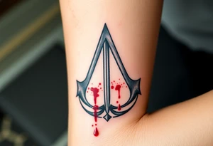 Assassins Creed emblem with England flag and sword inside. Blood splashes incorporated into logo. tattoo idea