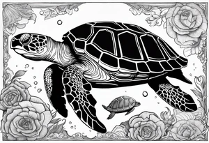 A serene turtle swimming underwater, detailed shell patterns visible, symbolizing patience and longevity.” tattoo idea