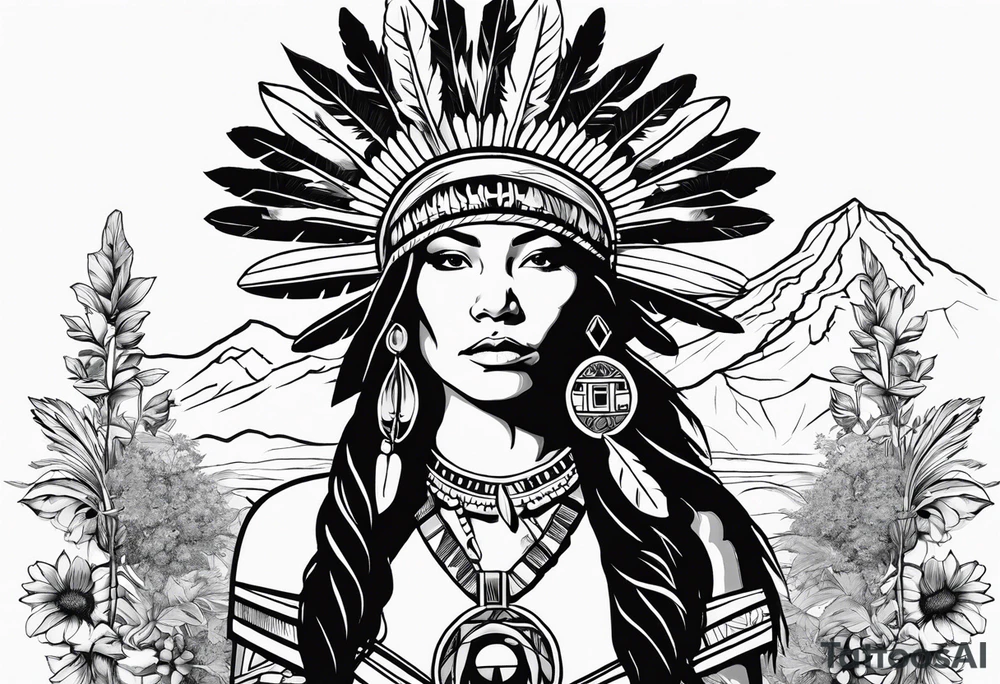 War bonnet Native American, cross nacklace with plants and nature behind her, half sleeve tattoo idea