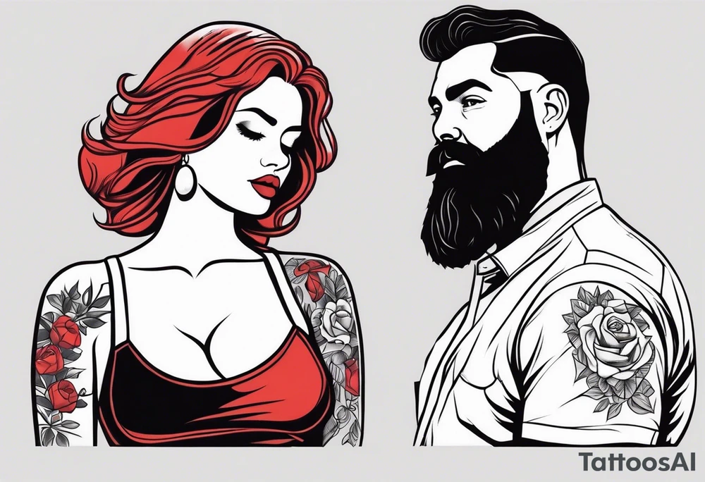 Busty Red haired woman with black haired bearded man tattoo idea