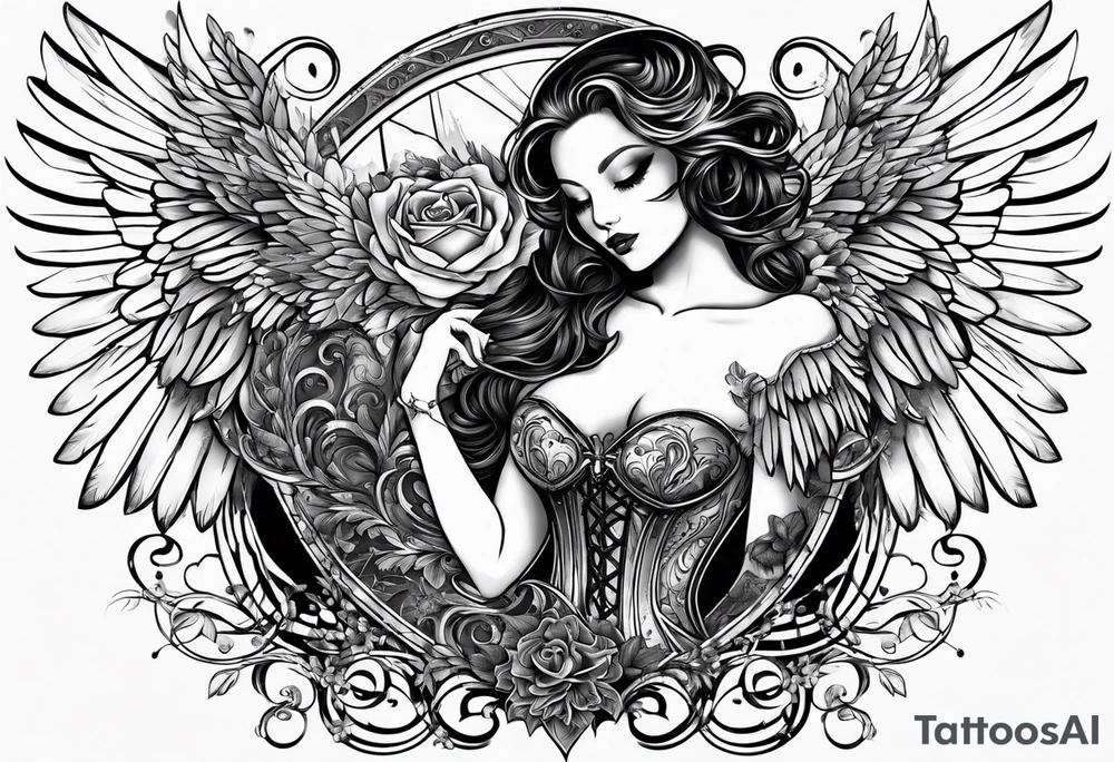 Y2K angel heart with wings and a corset in the middle tattoo idea