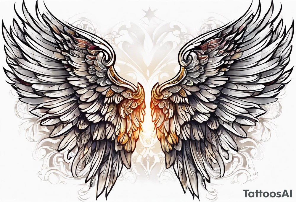 beautiful angel wings. with flilgree in the background tattoo idea
