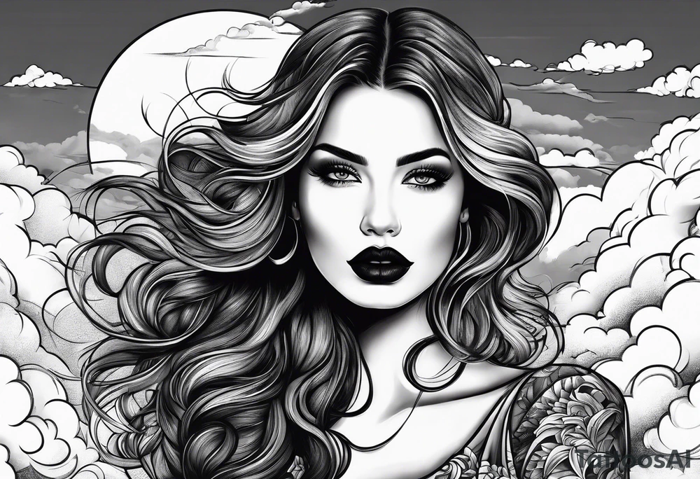 Woman long hair dark lips sky clouds tattoo idea