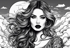 Woman long hair dark lips sky clouds tattoo idea