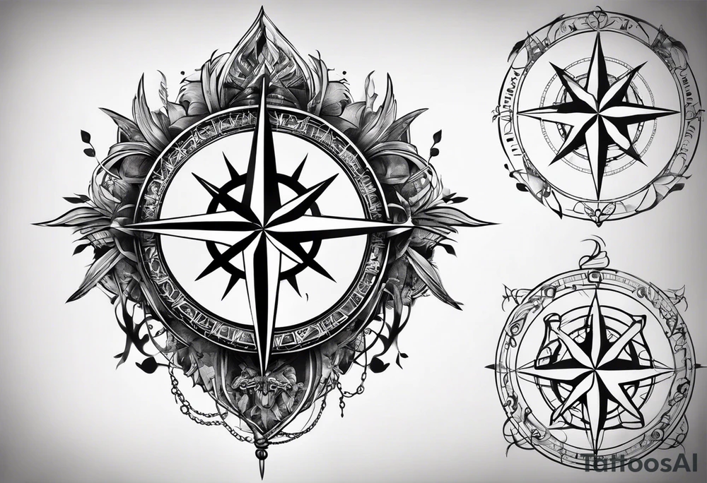Create a tattoo sketch that visually represents the concept of us having no control of our genetics and free will, and the struggle a mind has with this. Concepts that are fine to include is time, compass rose, dna, breaking chains and consciousness itself. The sketch should have concepts blend and flow into each other. It should be aimed to fit in the left side of a man’s chest, possibly extending a bit up the elbow. It can be a bit circular, but if so things should break out of the circle sometimes. Don’t make the whole thing a compass rose. tattoo idea