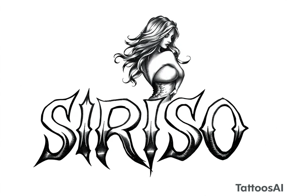 Abstract Tribal font saying “SIRISO” with all letters close together and the S in SIRISO connected to the O and a silloute of a woman on top of the words tattoo idea