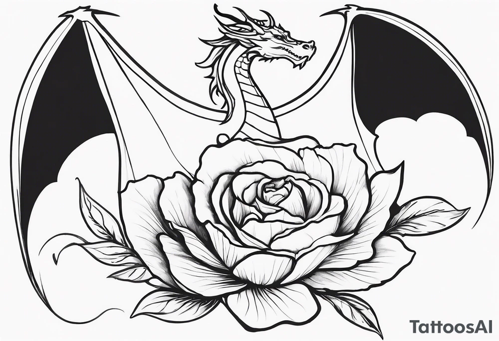 I need a fluid single line vertical drawing of a winged western style dragon whose body is wrapped around a poppy rose. The dragon should be a western dragon and the drawing should be drawn as if the pencil never left the page. It needs to fit on a biceps as a tattoo and the image symbolizes a father protecting his child. tattoo idea