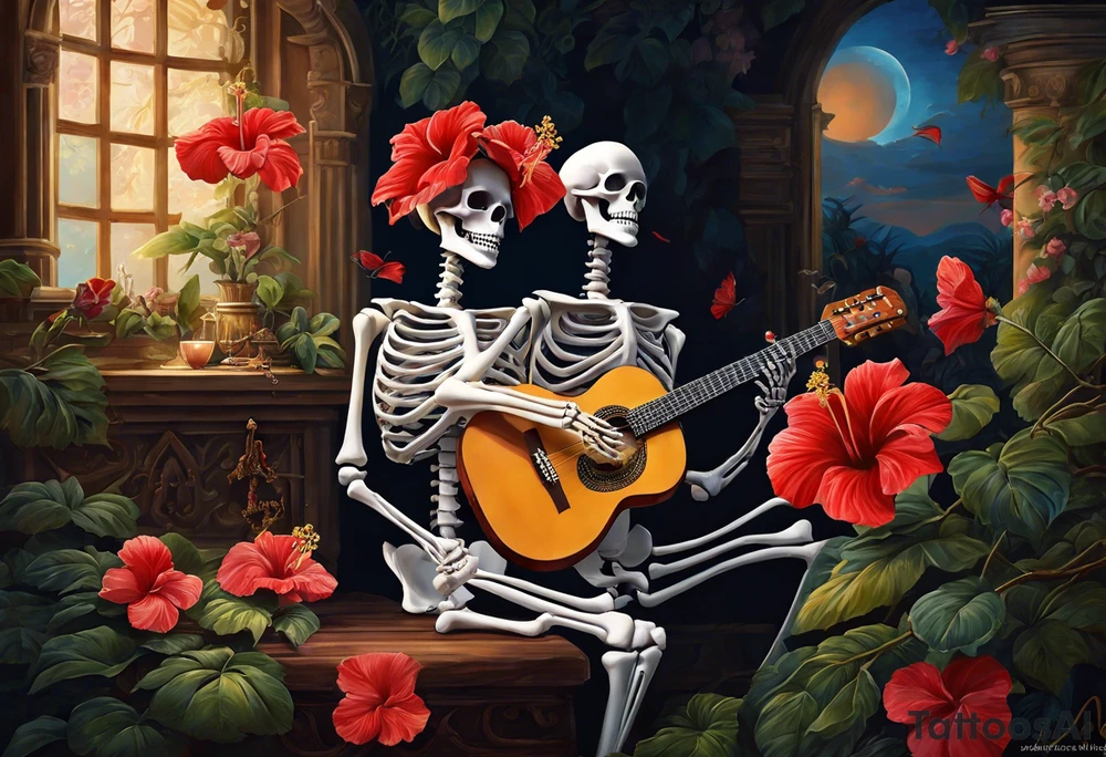 a female skeleton holding a hibiscus flower and a male skeleton playing a guitar. The scene should capture a moment of connection between the two, with the female skeleton attentively listening to the music played by the male skeleton. Emphasize the details of the hibiscus flower,  and the fluidity of the music being played on the guitar. tattoo idea
