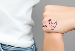 A bracelet that includes a very small tractor and bouquet flowers and a chicken tattoo idea