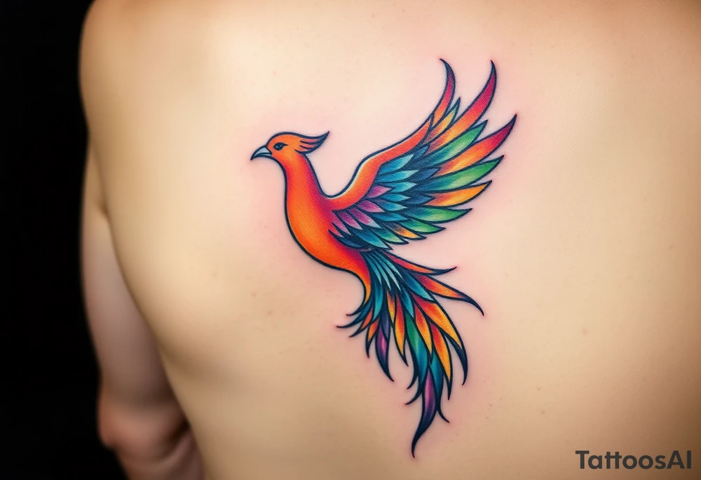 A feminine Phoenix in a rainbow of colors and a tail that looks like a peacock tattoo idea