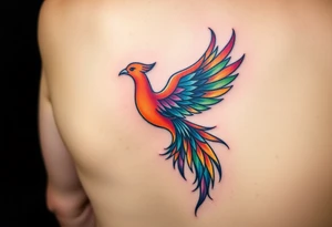 A feminine Phoenix in a rainbow of colors and a tail that looks like a peacock tattoo idea