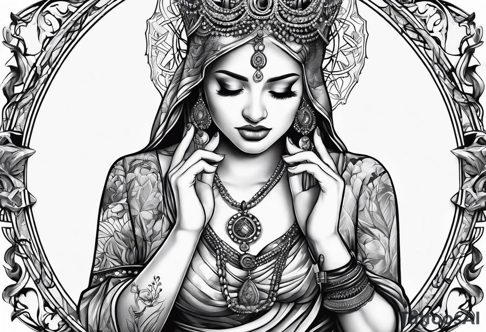 Praying Christian woman with hands holding necklace tattoo idea