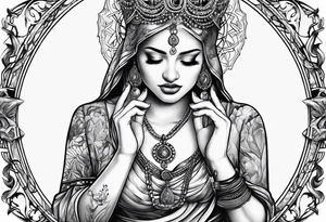 Praying Christian woman with hands holding necklace tattoo idea