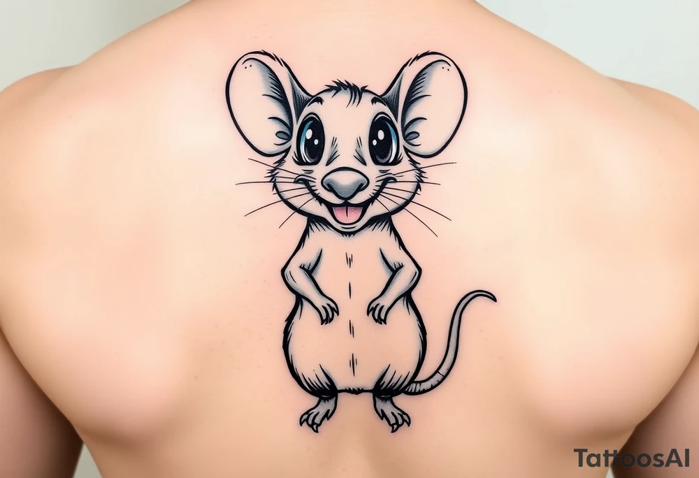 Original tattoo-style illustration:

A rat standing upright

Very large, bulging eyes popping out

A cheeky / mischievous smile

Cartoon style, not baby-like

One black-and-white version + one color version

4 images in total (so you can choose the best one) tattoo idea
