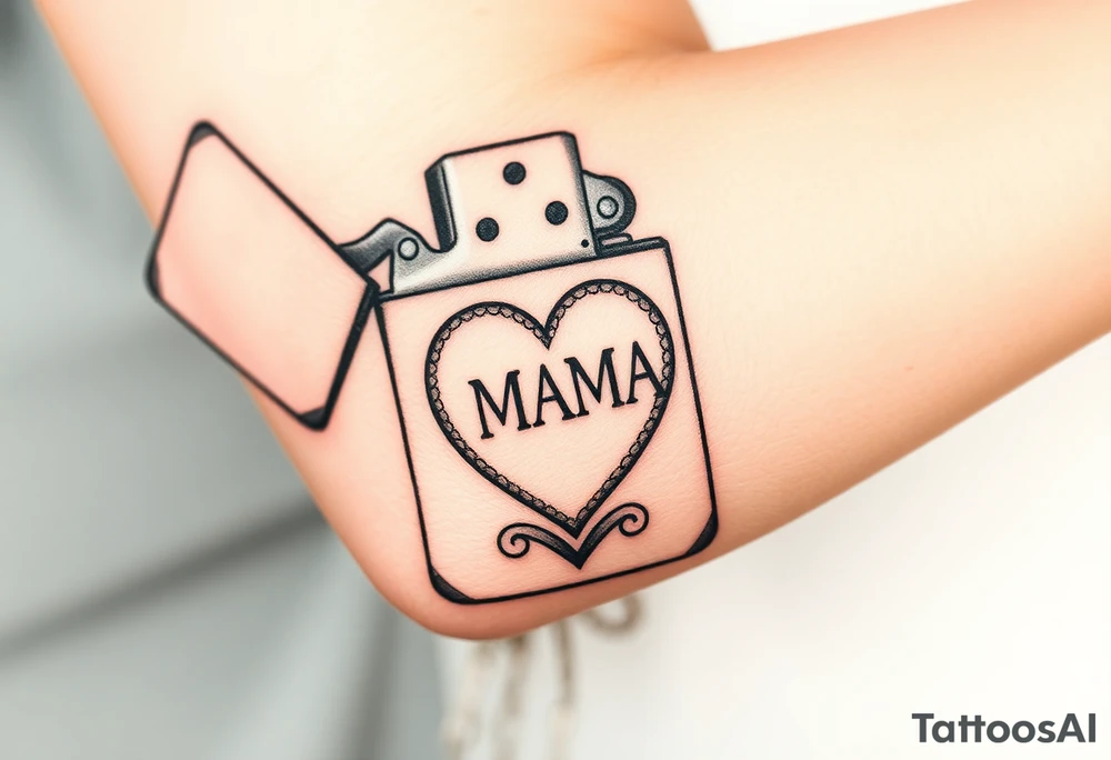 A traditional style tattoo design of a vintage zippo lighter with a traditional mom heart on the front with the words quote “MAMA” and the words quote “TRIED” on the lid tattoo idea
