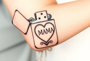 A traditional style tattoo design of a vintage zippo lighter with a traditional mom heart on the front with the words quote “MAMA” and the words quote “TRIED” on the lid tattoo idea