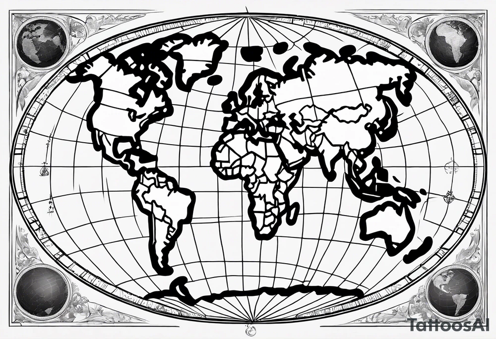 the earth on a flat map with no shading placed on a grid with only the lines with accurate depictions of the borders in countries while having it in an oval/circular position on a grid without any borders on the sides while having the countries not have such bold borders tattoo idea