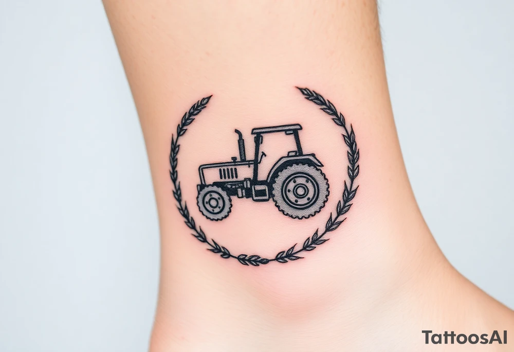 A tractor framed by a circular wreath of wheat and corn stalks, representing abundance and harvest. tattoo idea