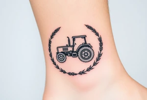 A tractor framed by a circular wreath of wheat and corn stalks, representing abundance and harvest. tattoo idea