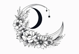 Crescent moon with a heart inside, shrouded by beautiful flowers with wisps of mist - hand tattoo tattoo idea