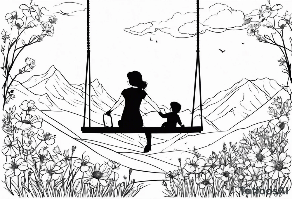 Mom with son and daughter on a swing in the distance in a field of flowers tattoo idea