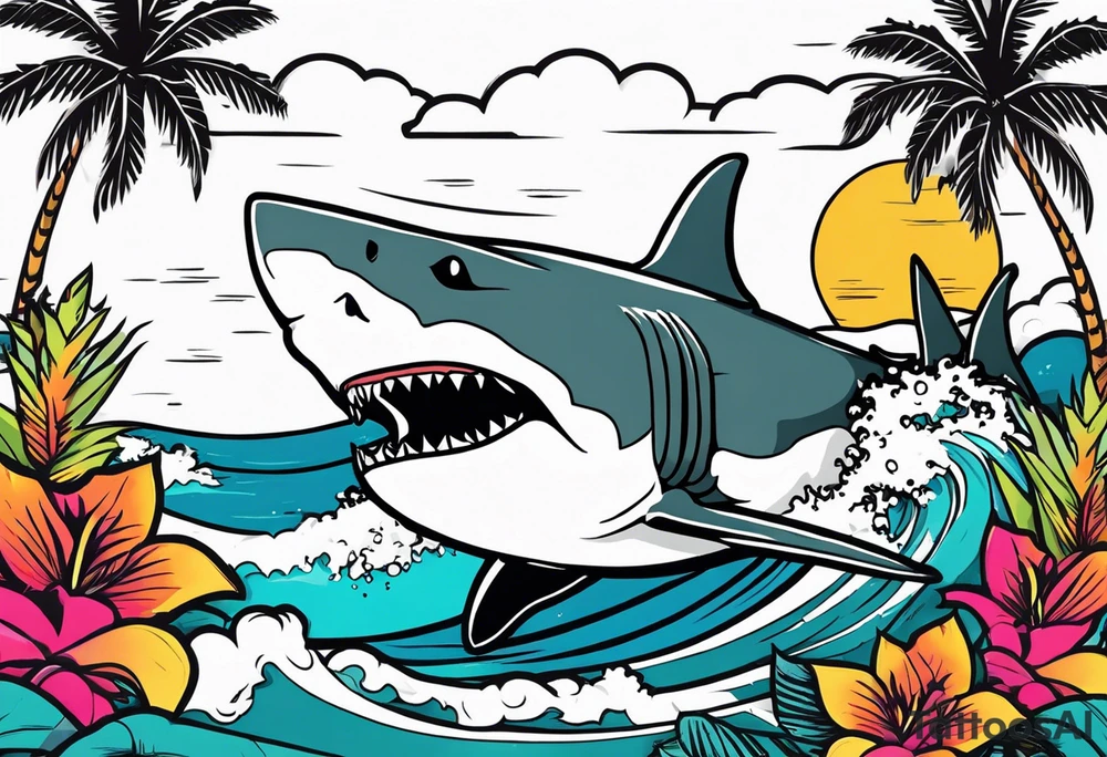 Great white shark, hurricane, palm trees, $$$$$$ tattoo idea