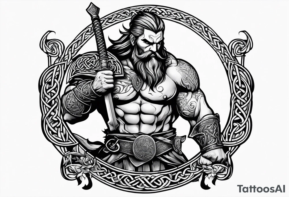 Side full body shot of Celtic warrior with sword and axe. tattoo idea
