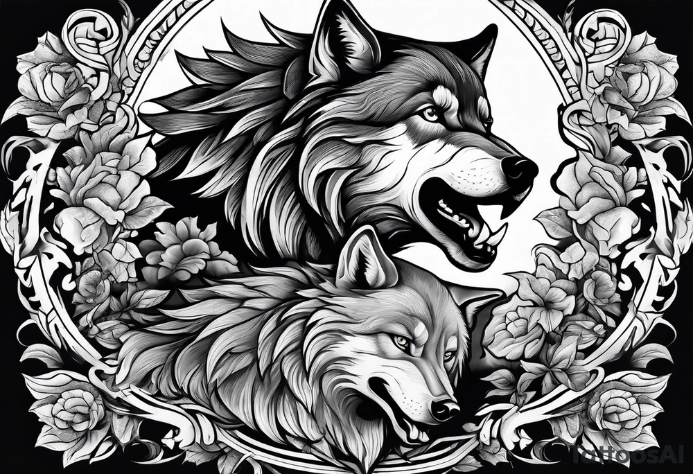 Man and wolf fighting tattoo idea