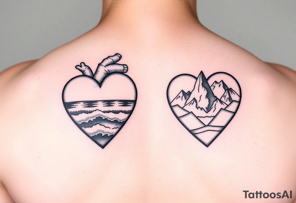 Two of the same hearts one containing an ocean and one containing mountains tattoo idea