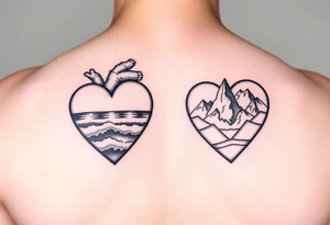 Two of the same hearts one containing an ocean and one containing mountains tattoo idea