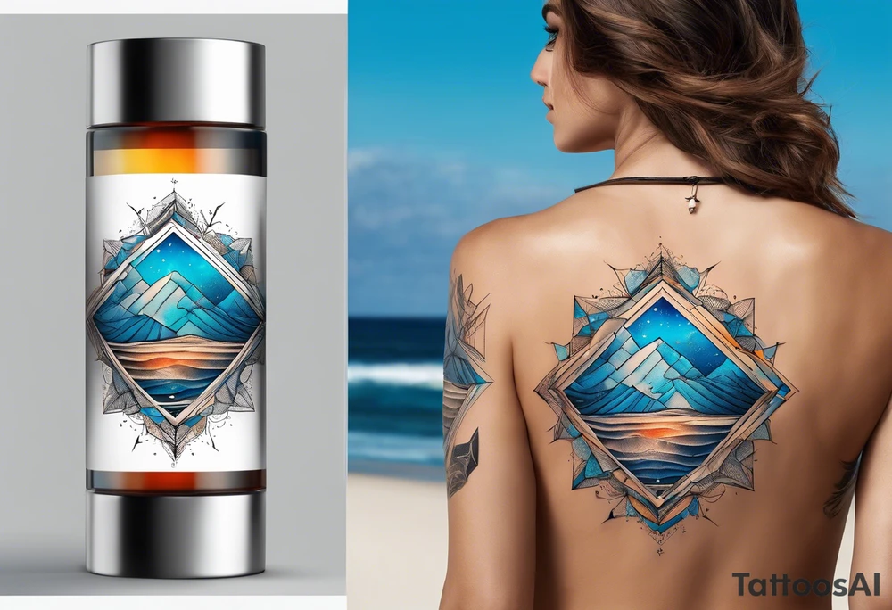 Relógio de areia com detalhes geométricos e uma areia colorida em tons de azul tattoo idea