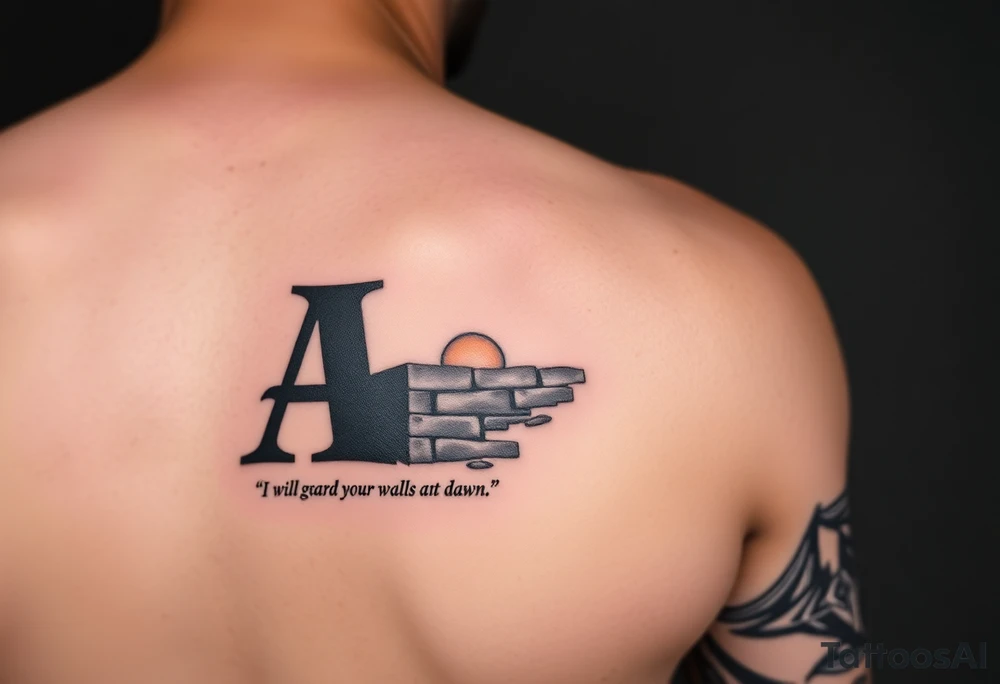 A sleeve tattoo on the right arm with the letters A and D in large letters combined and inside them the inscription "I will guard your walls until dawn" against a wall at sunrise tattoo idea