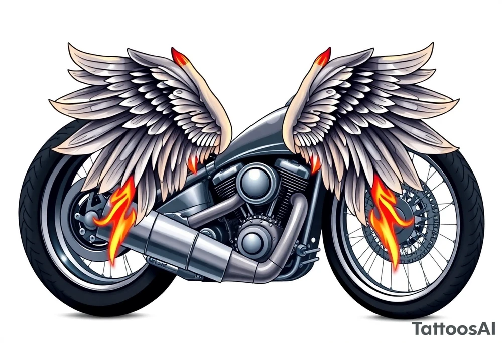 Low rider grey motorcycle, big muffler pipes with flames, angel wings tattoo idea