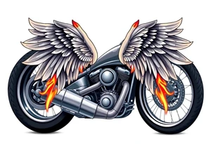 Low rider grey motorcycle, big muffler pipes with flames, angel wings tattoo idea
