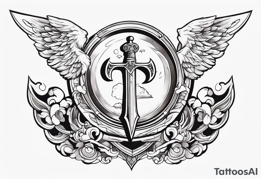 Angels with sword & Shield in sky tattoo idea