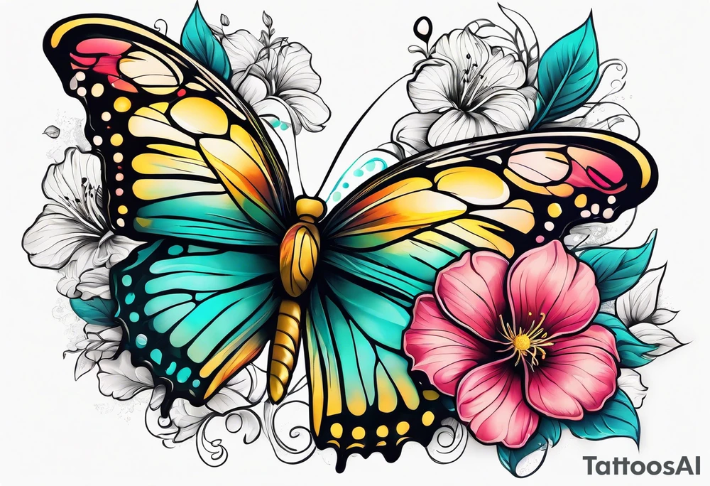 Butterfly made of flowers, hibiscus, roses, yellow, teal, pink tattoo idea