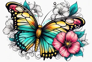 Butterfly made of flowers, hibiscus, roses, yellow, teal, pink tattoo idea