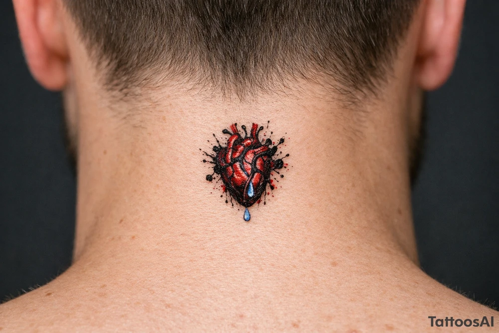 Anatomical heart dissolving into ink splatters with a single tear drop. tattoo idea