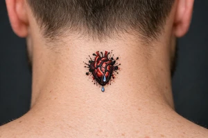 Anatomical heart dissolving into ink splatters with a single tear drop. tattoo idea