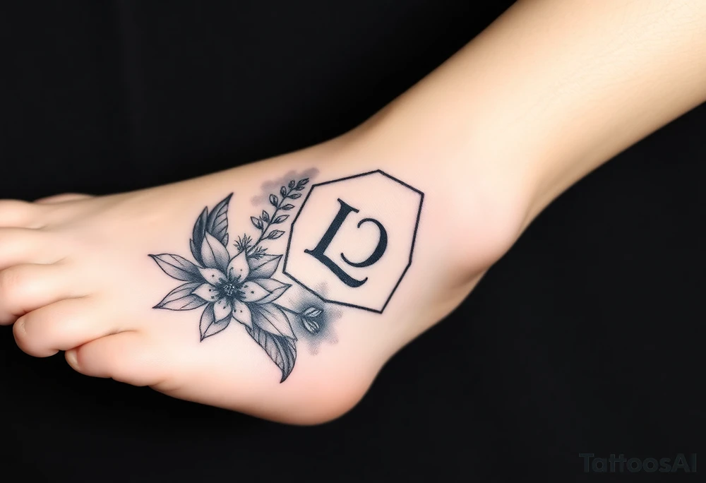 Hexagon Leo symbol larkspurs and water lilies tattoo idea