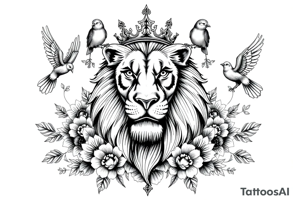 powerful majestic lion with a crown, surrounded by floral ornaments and birds tattoo idea