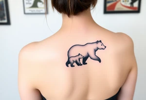 A mama and baby bear silhouette walking together, symbolizing strength and love. (Color: Deep black with a subtle white glow around the edges) tattoo idea